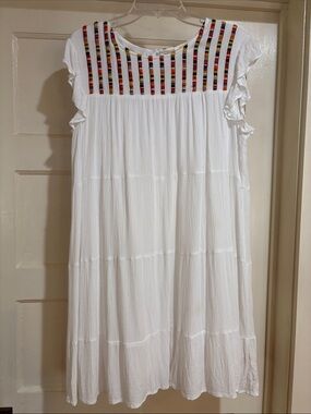 Studio Wear Boho White Dress with Multicolor Embroidered Stripes L